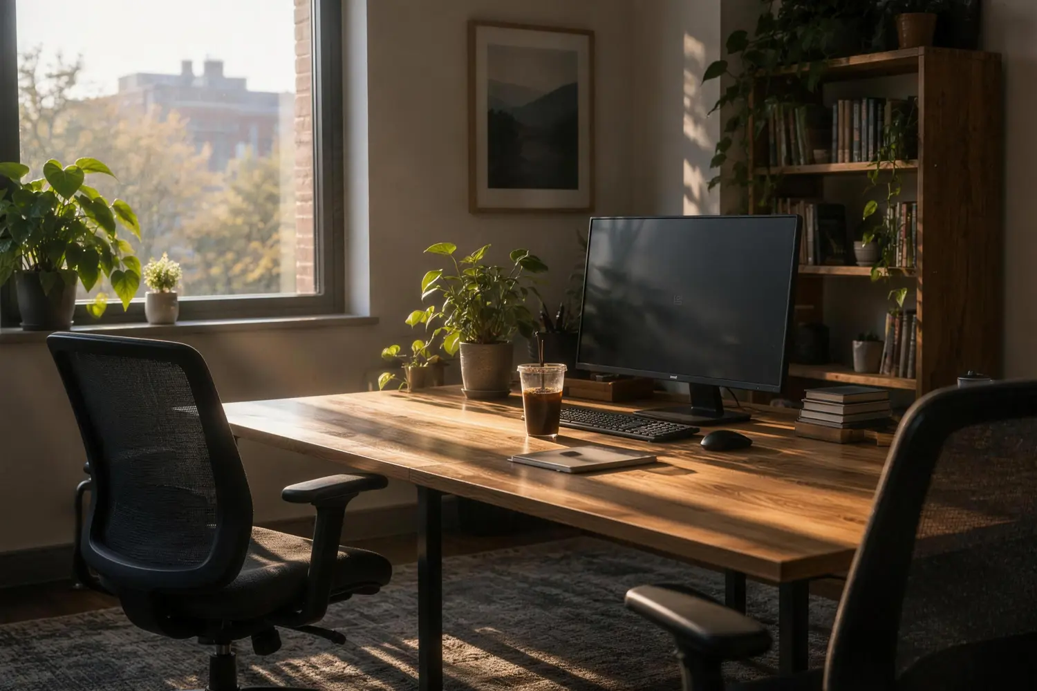 Leeg kantoor op een rustige ochtend, met laag zonlicht over een bureau en een scherm in stand-by