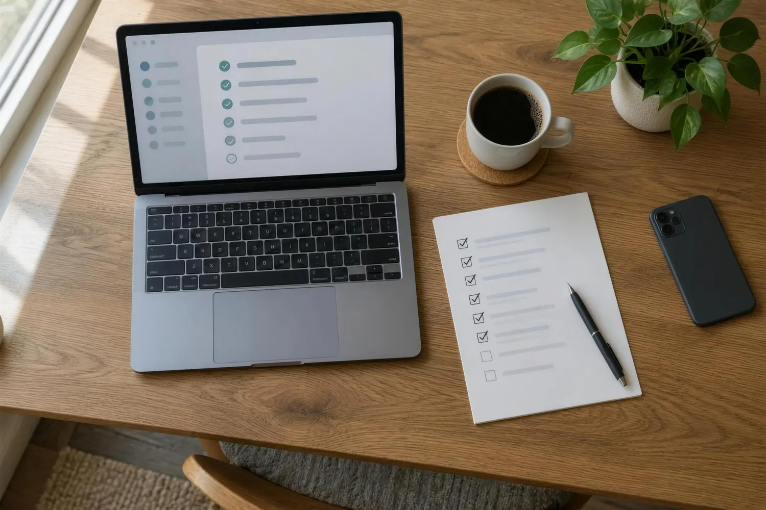 Bureau van bovenaf met een laptop met een afvinklijst op het scherm en een papieren checklist ernaast