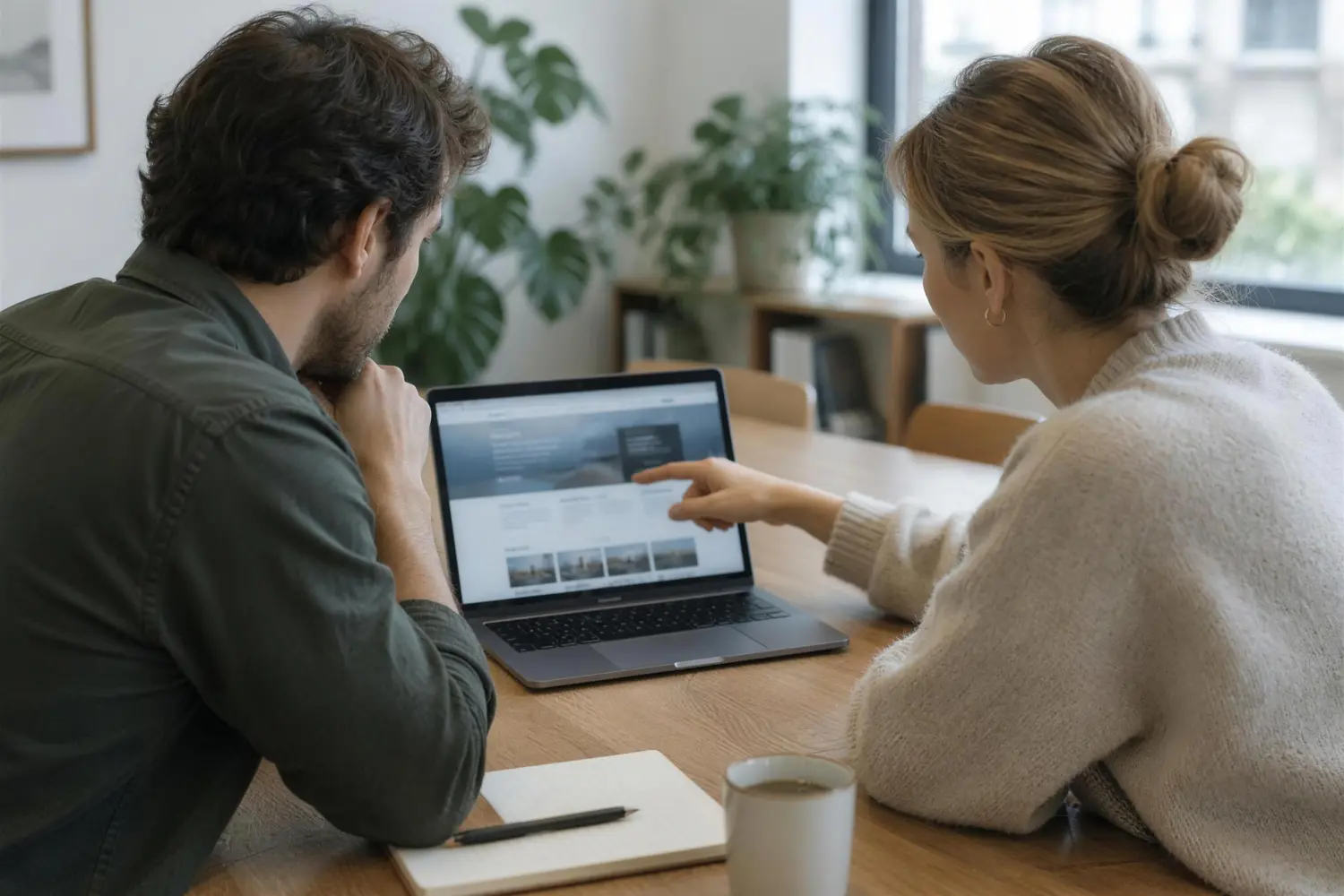 Twee mensen bekijken samen een website op een laptop aan een houten tafel