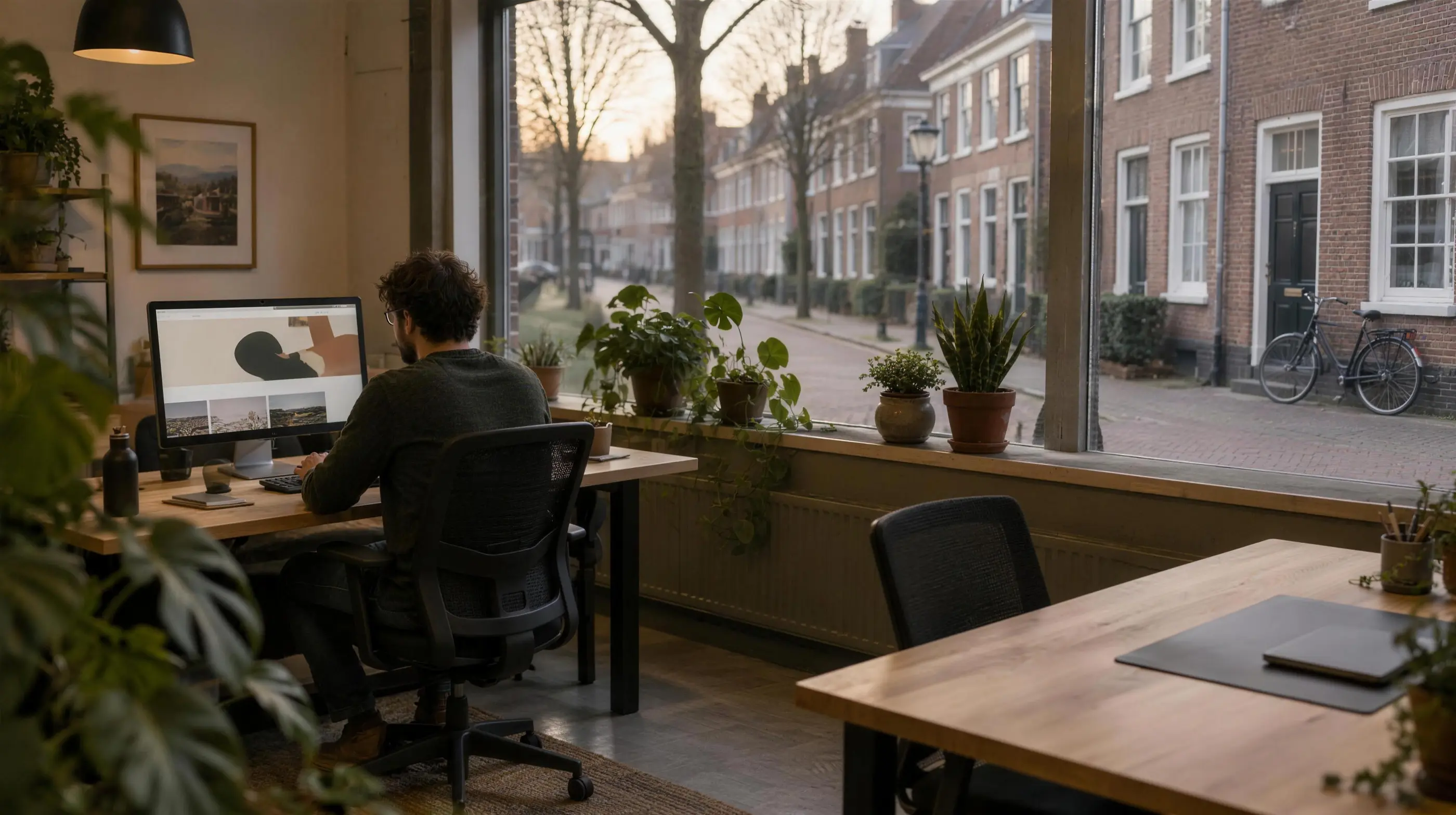 Kantoor aan een Brabantse straat met bakstenen huizen, waar iemand aan een website werkt