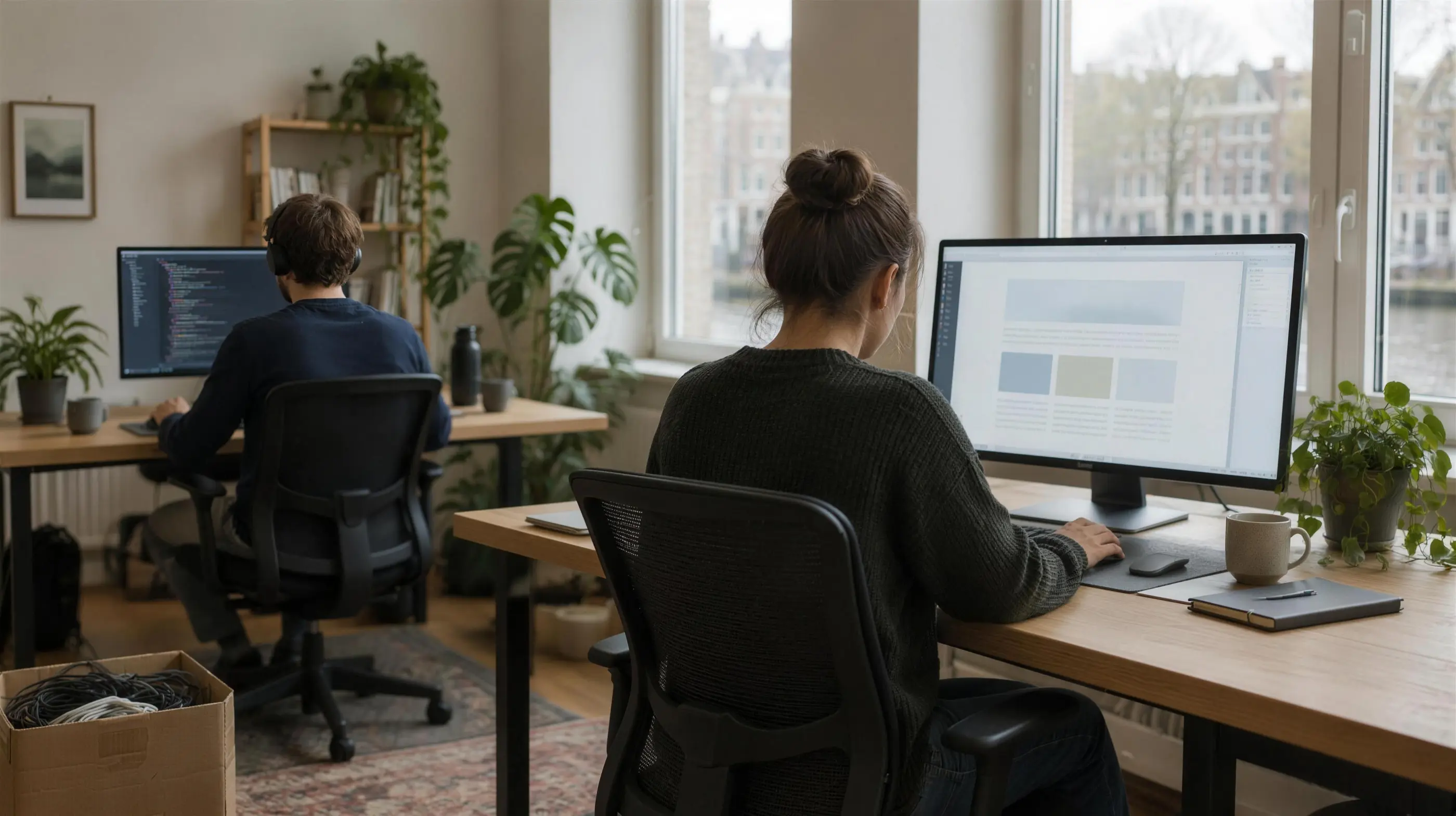 Twee mensen werken aan een bureau aan een WordPress-site, met een paginaopmaak op het ene scherm en code op het andere