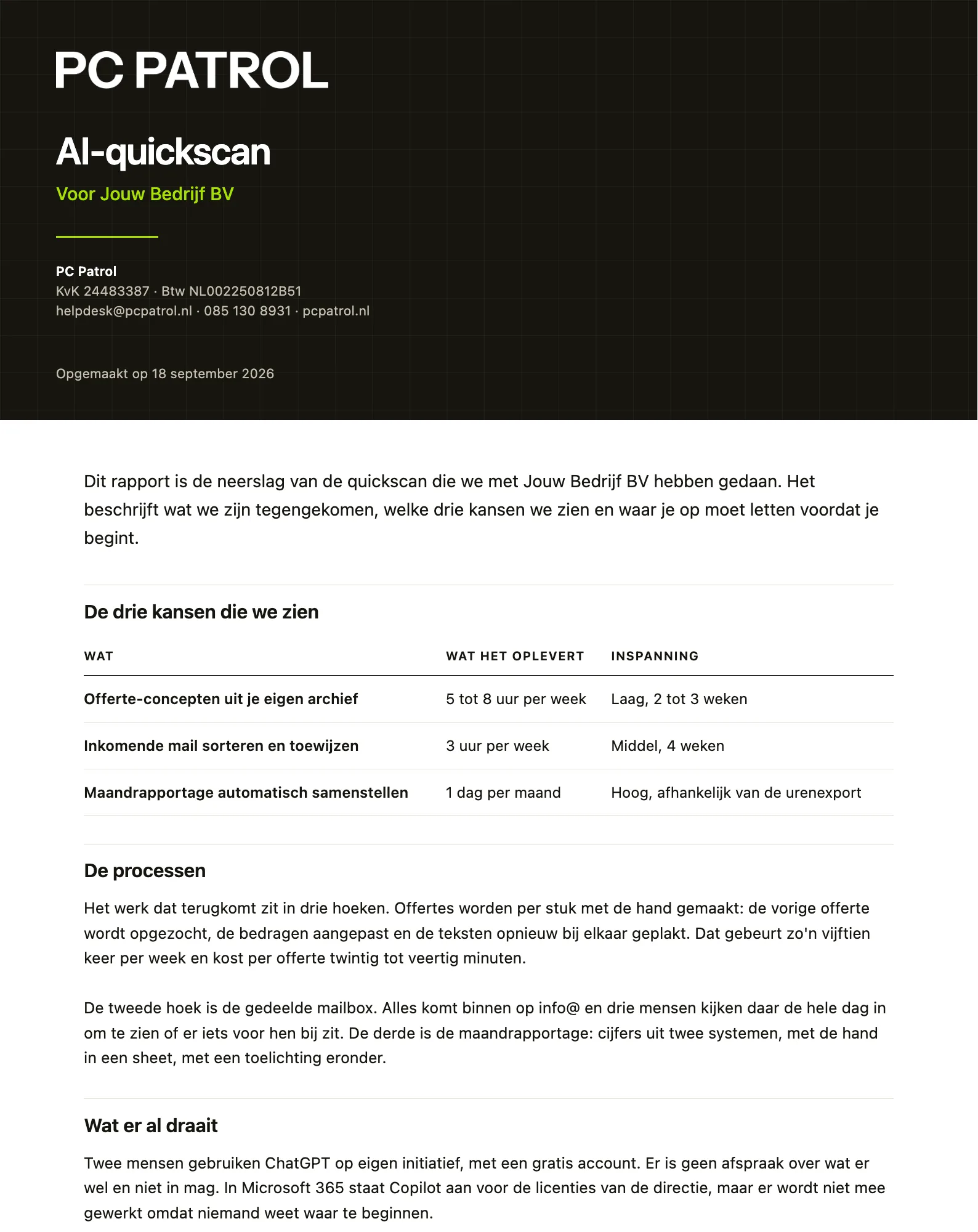 De eerste pagina van een AI-quickscanrapport, met de drie businesscases in een tabel.