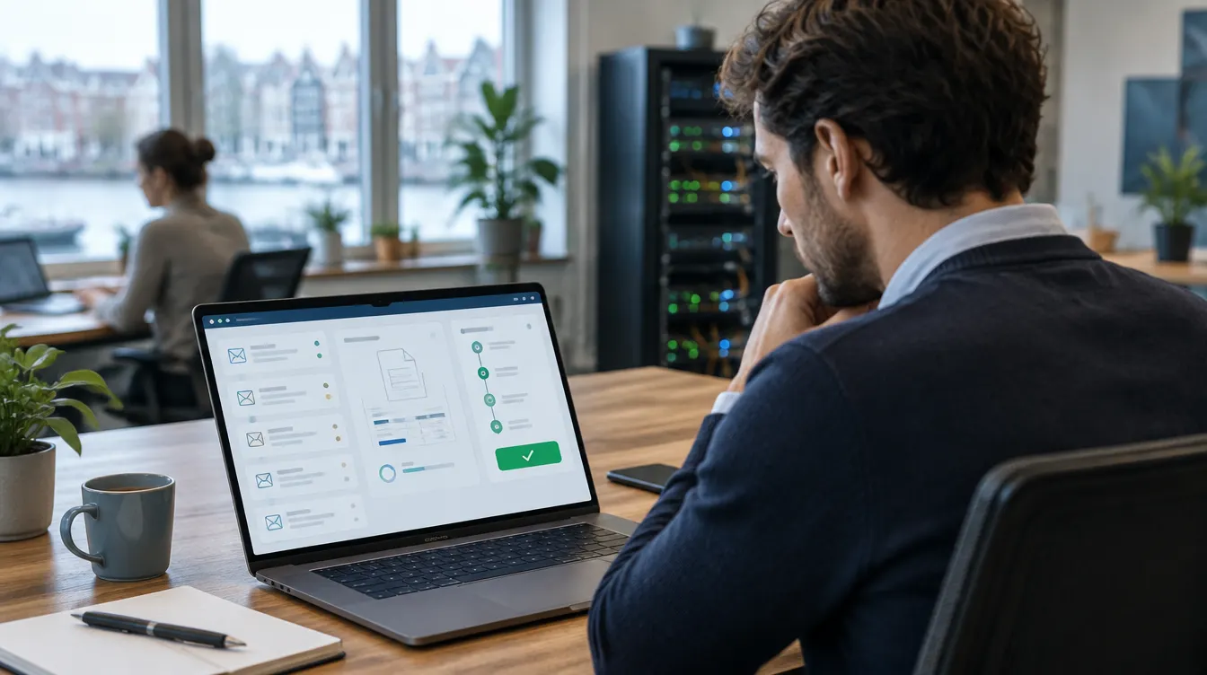 Ondernemer op kantoor keurt op een laptop het werk goed dat een AI agent heeft voorbereid, zoals gesorteerde mails en een factuur