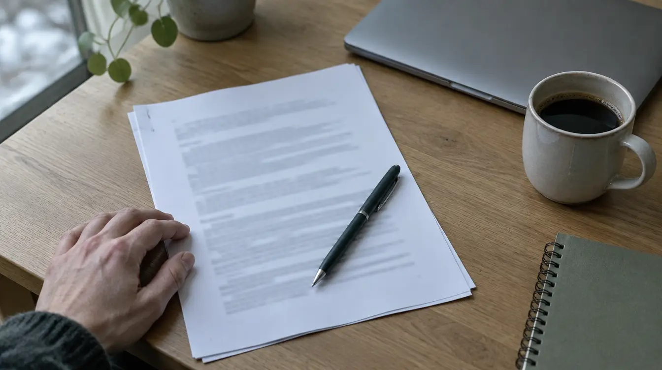 Een uitgeprint AI-beleid van twee pagina's op een bureau, met een pen erop naast een laptop en een kop koffie