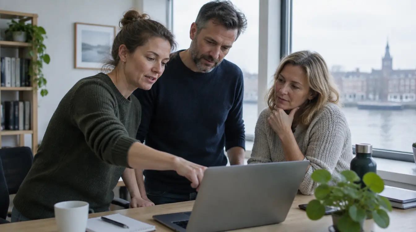 Drie collega's op kantoor kijken samen naar een laptop terwijl een van hen uitlegt hoe een AI-tool werkt