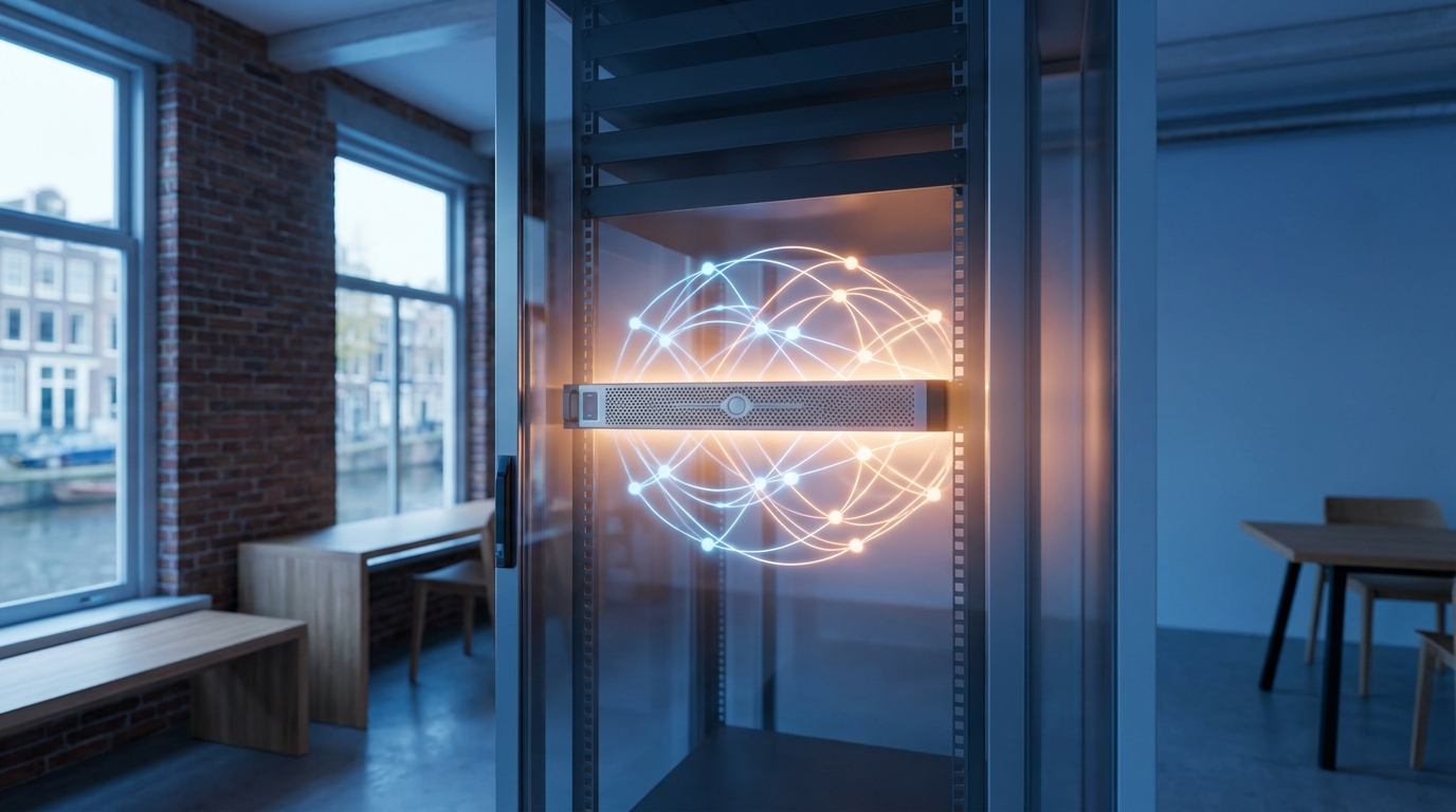 Serverrack met gloeiend neuraal netwerkpatroon, symbool voor een lokaal gehost AI-model