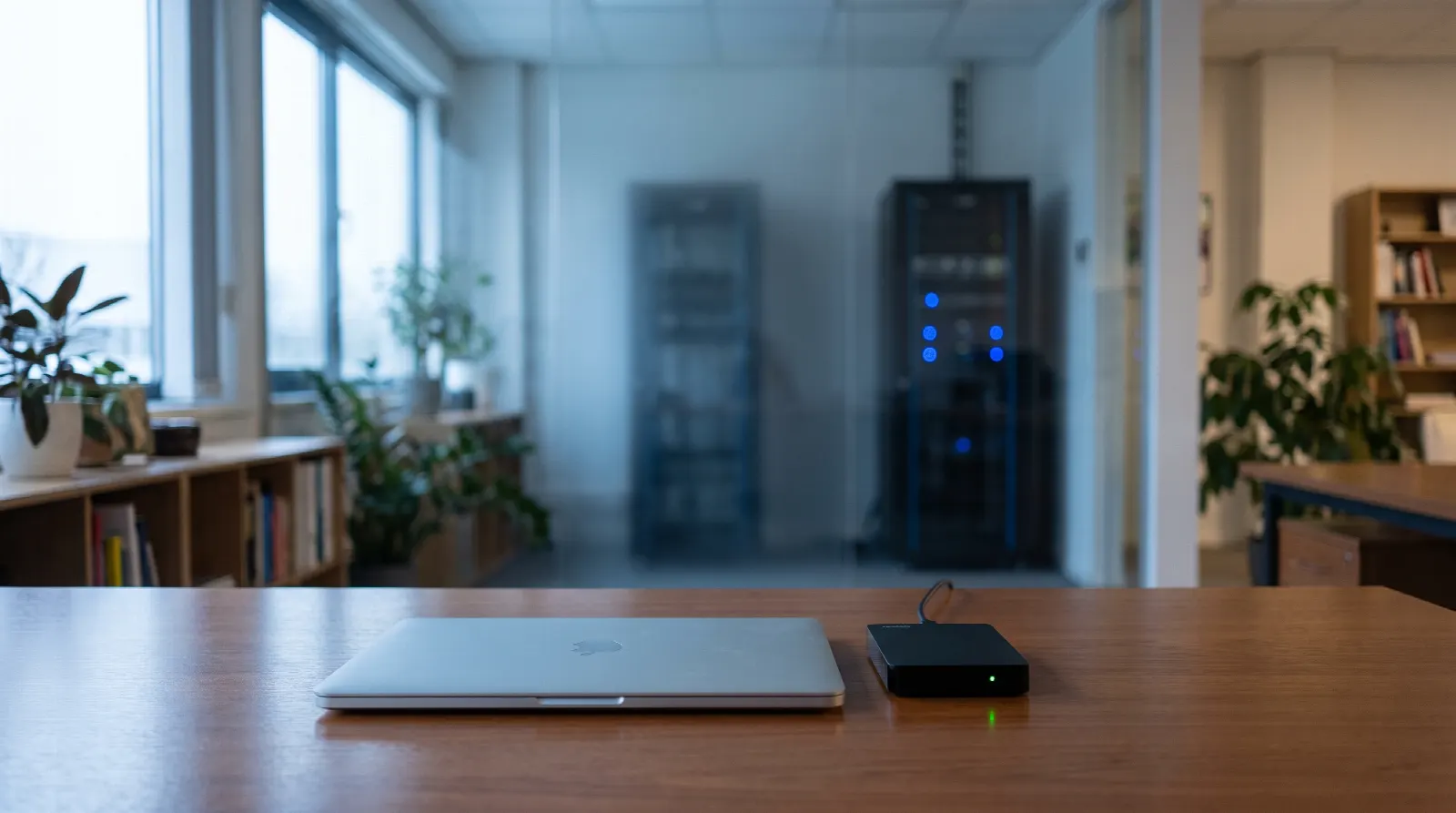 Dichtgeklapte laptop en een externe back-upschijf op een bureau, met op de achtergrond een serverkast achter glas