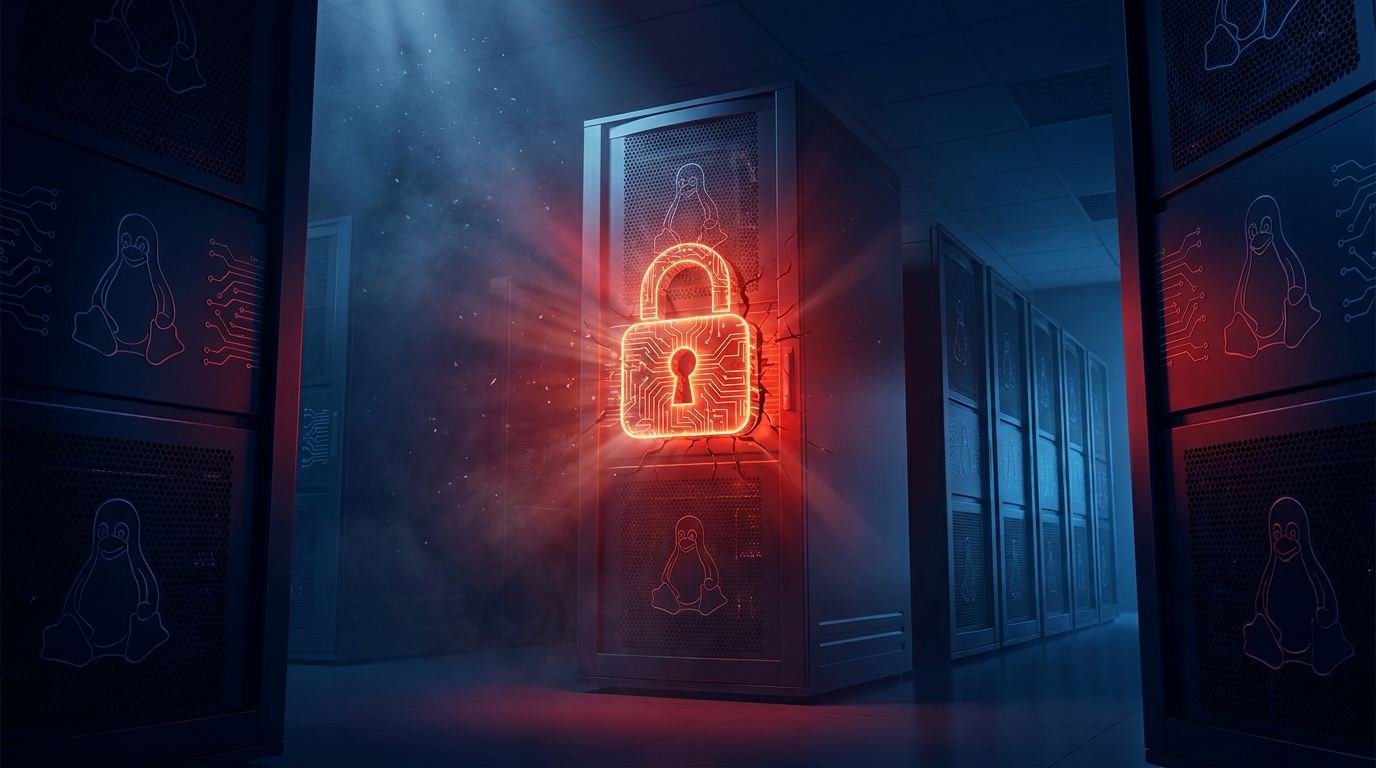 Linux-serverrack in donker datacenter met rood waarschuwingslicht, symbool voor de CVE-2026-23111 nf_tables root-exploit