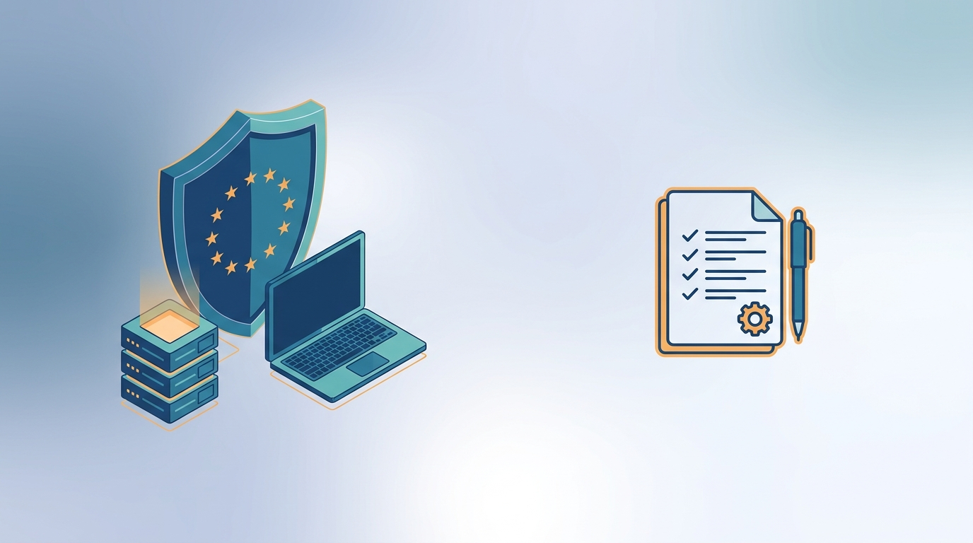 Illustratie van de Cyberbeveiligingswet (NIS2): schild met EU-sterren beschermt een server en laptop, met een disaster recovery checklist