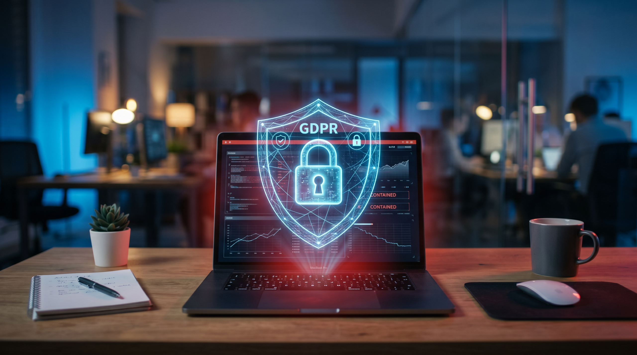 Datalek melden voor het MKB: laptop met digitaal schild en slot als symbool voor de meldplicht datalekken en de 72-uurregel