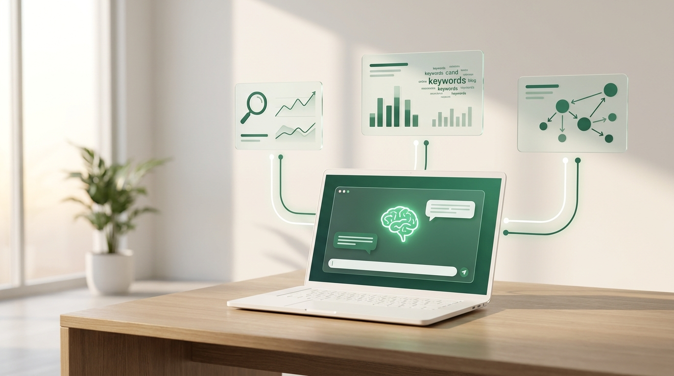 AI-assistent gekoppeld aan SEO-dashboards via MCP servers, met grafieken voor zoekanalyse, keywords en backlinks