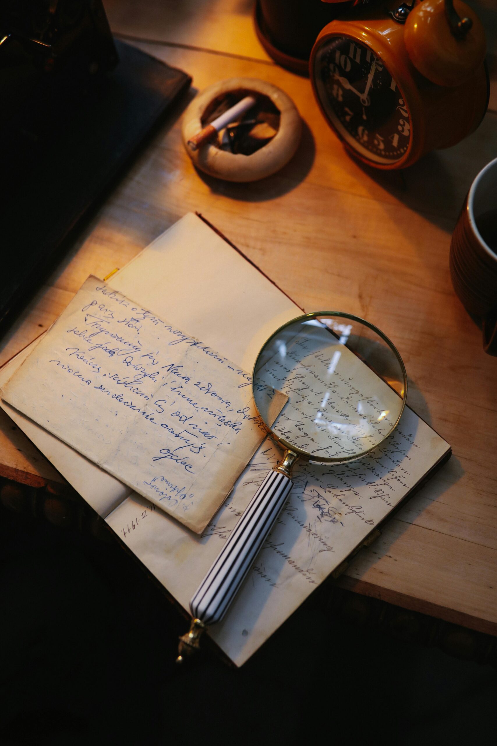 Vergrootglas boven een notitieblok met tekst symboliseert het onderzoeken van zoekwoorden bij het registreren van een SEO-vriendelijke domeinnaam