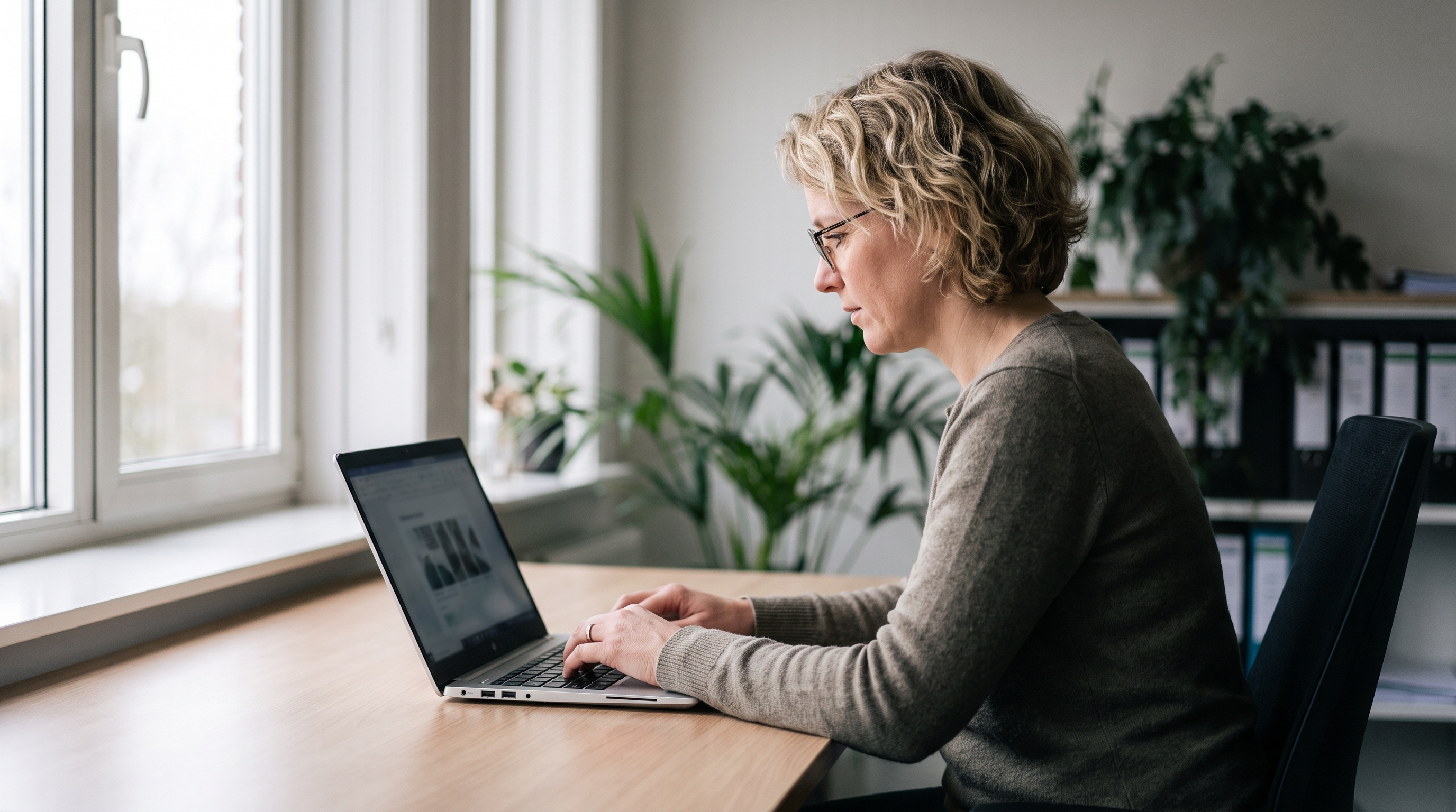 Ondernemer controleert de beveiligingsinstellingen van haar zakelijke Microsoft 365 e-mail op een laptop