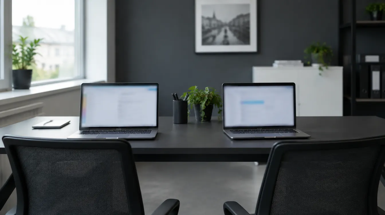 Twee laptops op gedeelde werkplekken in een klein kantoor