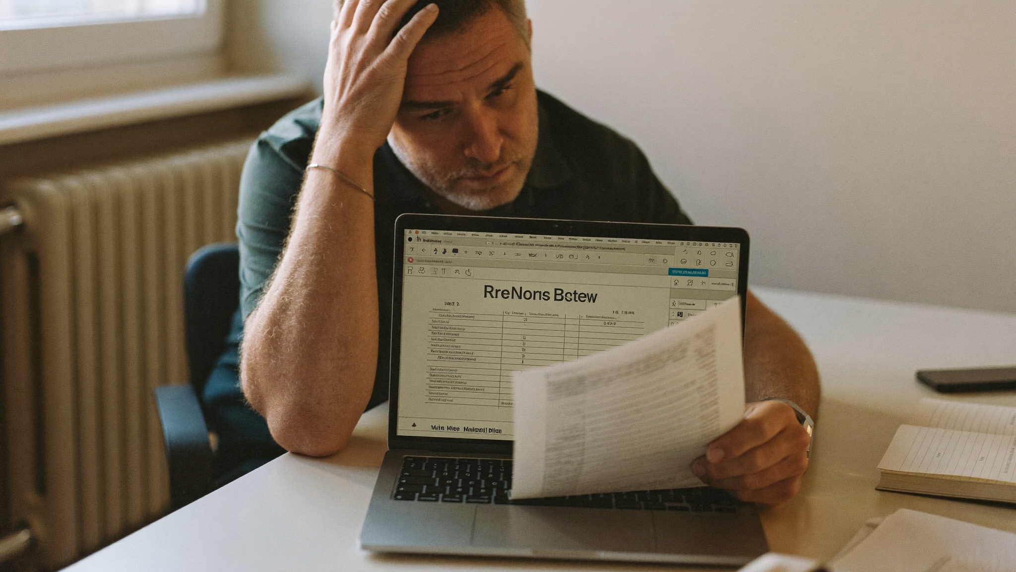 Gehackte WordPress-site herstellen kosten: ondernemer bekijkt bezorgd een factuur achter zijn laptop