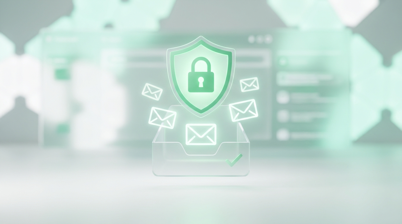 Groen schild met hangslot dat een zakelijke e-mailinbox beschermt — Google Workspace en Gmail beveiligen voor het MKB