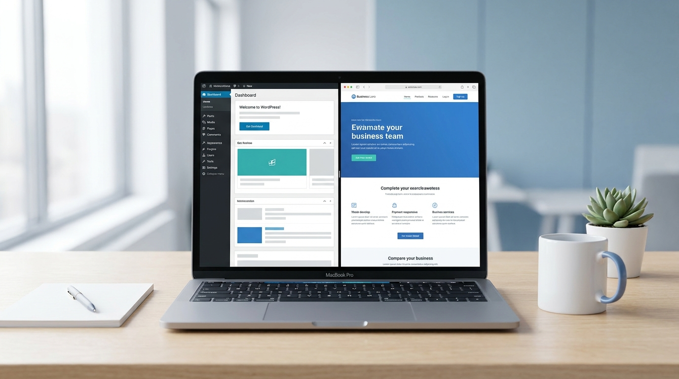 Laptop op een bureau met een WordPress-dashboard, symbool voor de voordelen van WordPress voor een zakelijke website