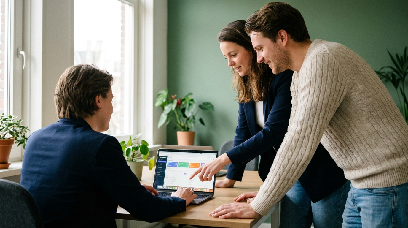 Cyberbeveiligingswet en hosting: twee collega's bekijken samen op een laptop wat hun hostingpartij regelt