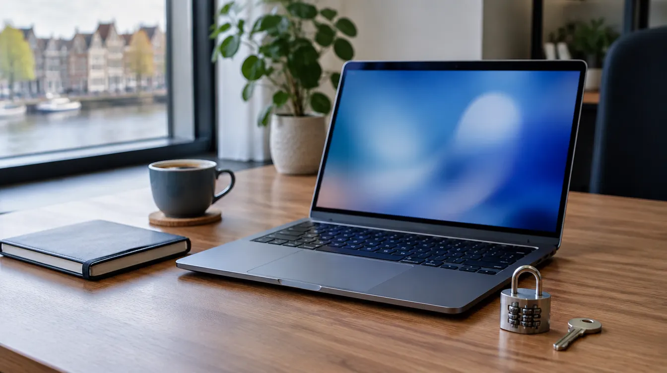 Bureau met laptop, combinatieslot en sleutel naast het toetsenbord in een klein kantoor