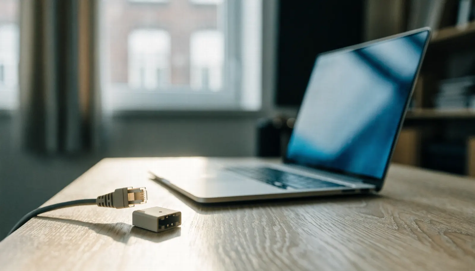 Open laptop op een houten bureau met een losgekoppelde netwerkkabel ernaast, als beeld voor de verbroken EWS-koppeling met Microsoft 365