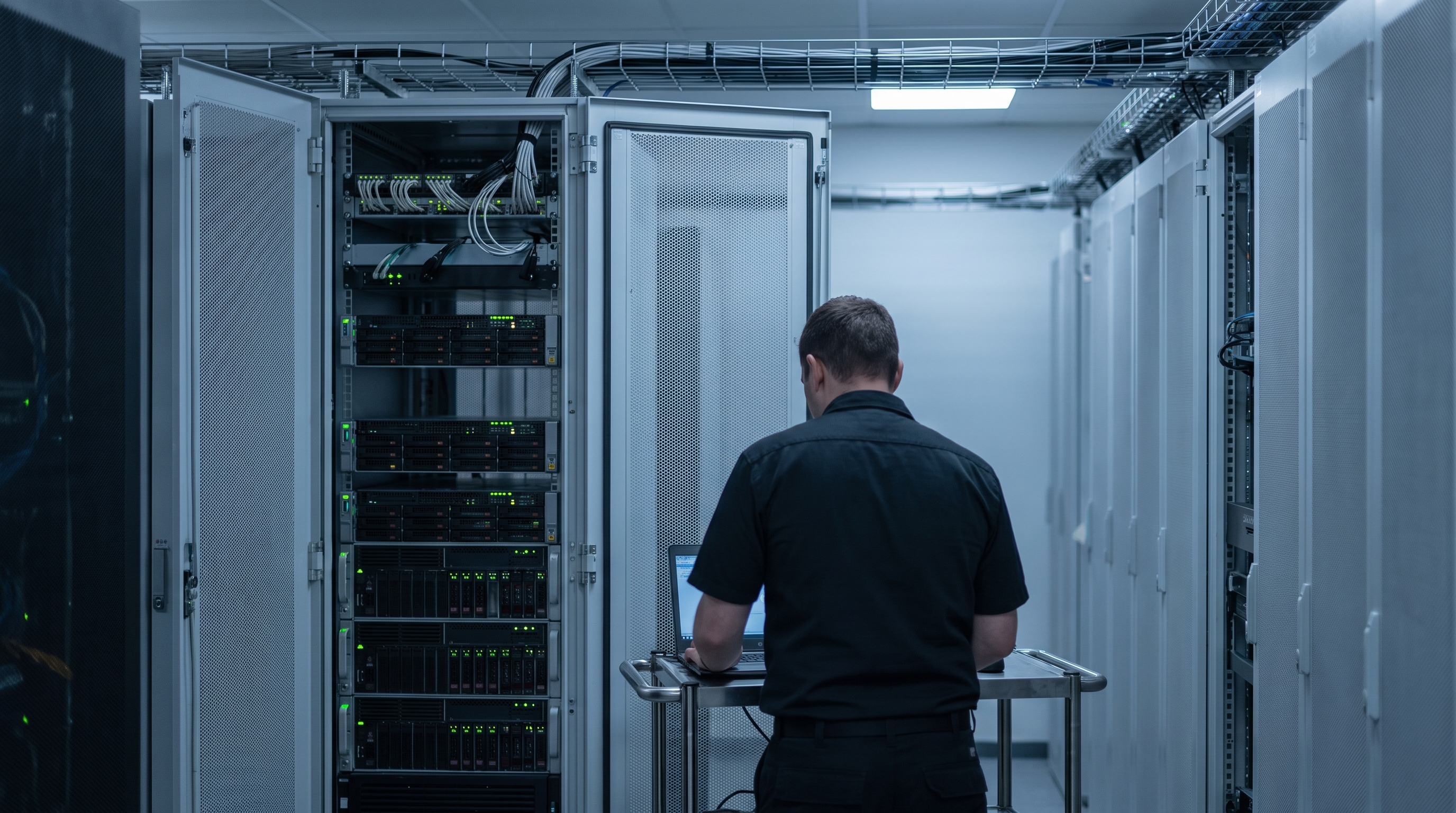 Technicus met laptop bij een open serverrack met groene statuslampjes in een datacenter, beeld bij managed VPS-beheer