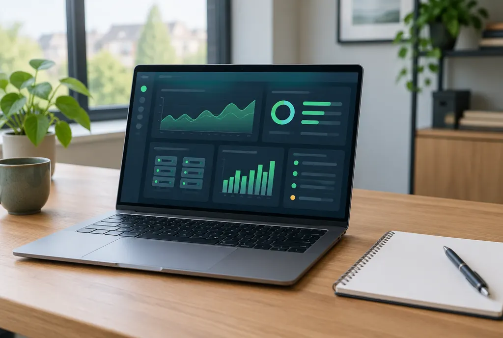 Laptop met serverbeheer en een notitie met Managed VPS-maandprijzen op een bureau