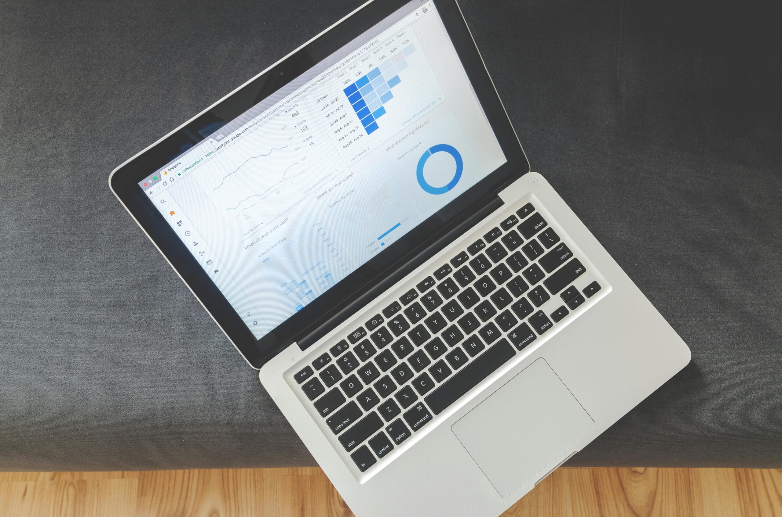 Laptop met performance dashboards en grafieken illustreert managed WordPress hosting met LiteSpeed voor snelle laadtijden