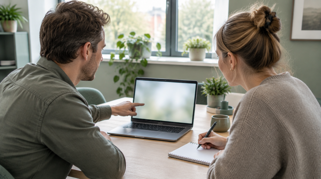 Twee collega's overleggen aan een bureau met een laptop over de overstap naar Microsoft 365