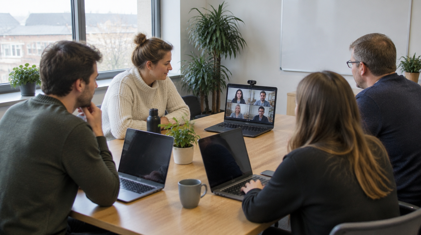 Vier collega's overleggen met open laptops aan een tafel in een klein kantoor tijdens het inrichten van Microsoft Teams