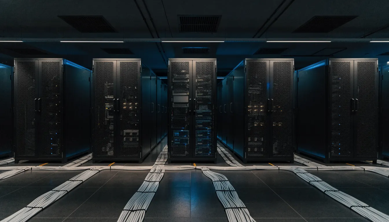 Moderne serverruimte met donkere serverkasten, blauwe verlichting en geordende kabels