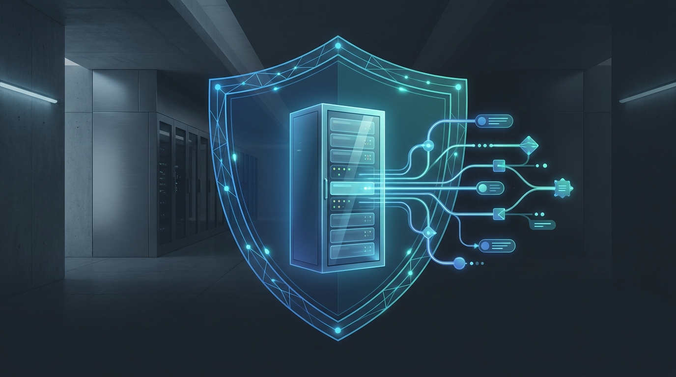 n8n installeren met Docker op een VPS, server met automatiseringsworkflow en privacy-schild