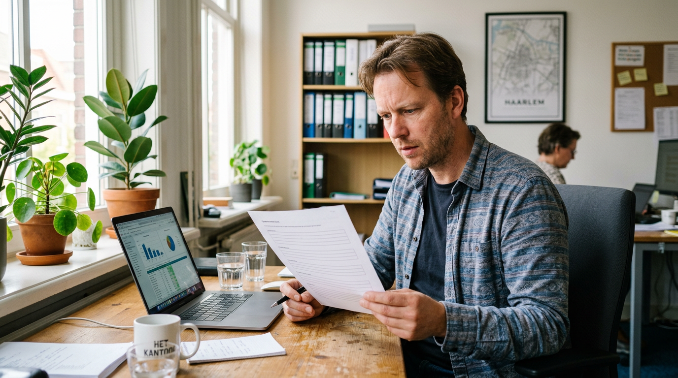 NIS2-vragenlijst: ondernemer bekijkt achter zijn laptop het formulier dat hij van zijn opdrachtgever kreeg