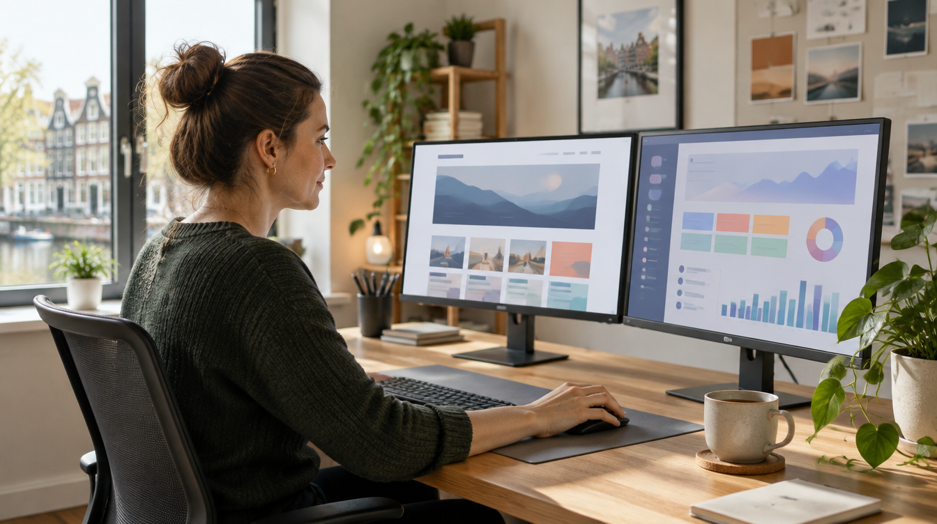 Webdesigner achter twee schermen in een bureaukantoor, bezig met het beheren van klantwebsites