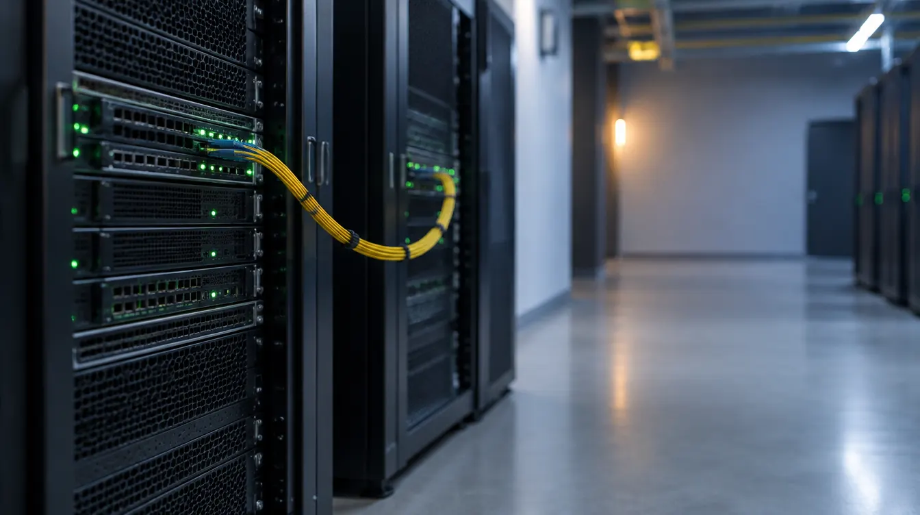 Twee serverracks in een datacenter, verbonden door een gele glasvezelkabel, als beeld voor een VPS-verhuizing naar een andere provider