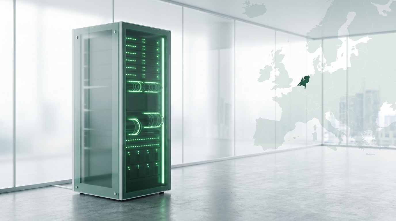 Serverrack met groene statuslampjes in een EU-datacenter, symbool voor een VPS huren bij een Nederlandse provider