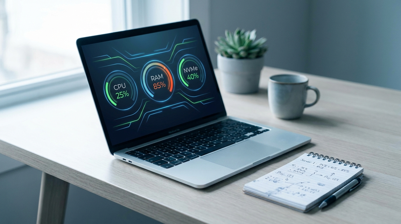 Laptop met een dashboard vol meters voor CPU, RAM en NVMe, naast een blocnote met berekeningen voor de juiste VPS-maat