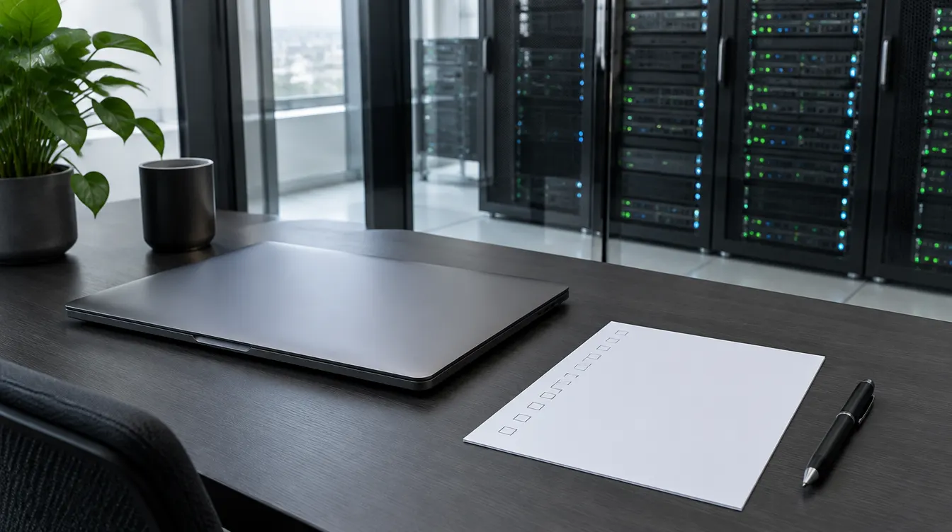 Laptop en papieren checklist op een bureau met een serverruimte op de achtergrond
