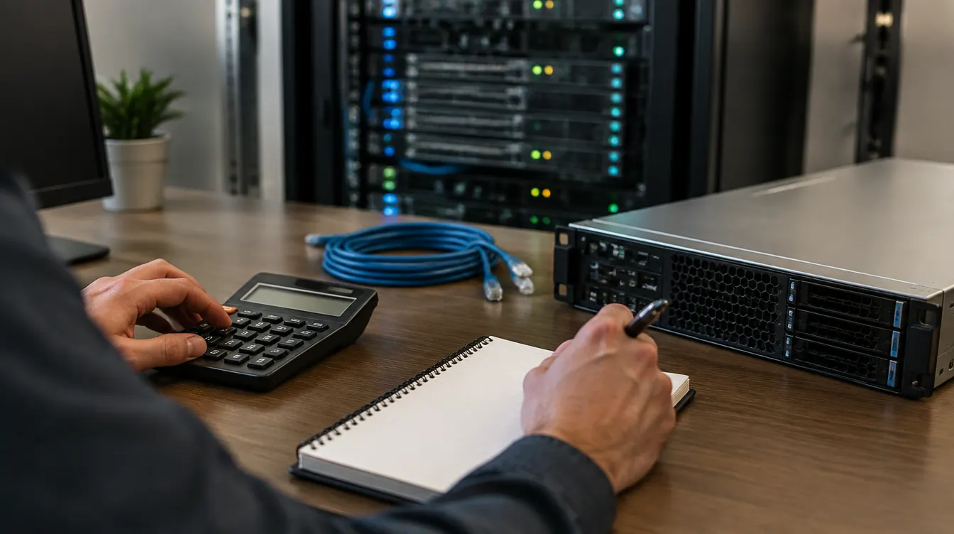 Beheerder rekent VPS-maandkosten uit met een rekenmachine en notitieboek naast een server.