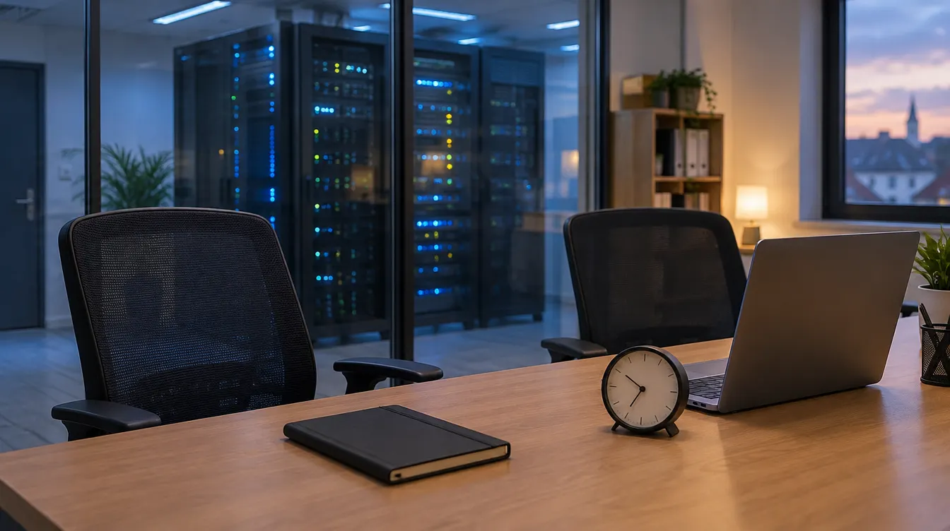 Bureau met laptop, notitieboek en klok naast een serverruimte in de avond