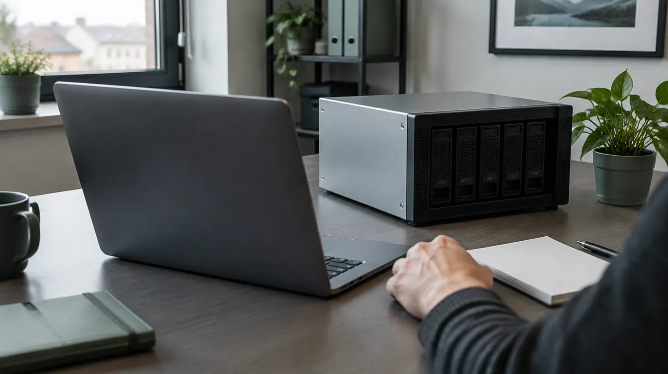 Laptop, compacte server en leeg notitieblok op een bureau tijdens serverdiagnose