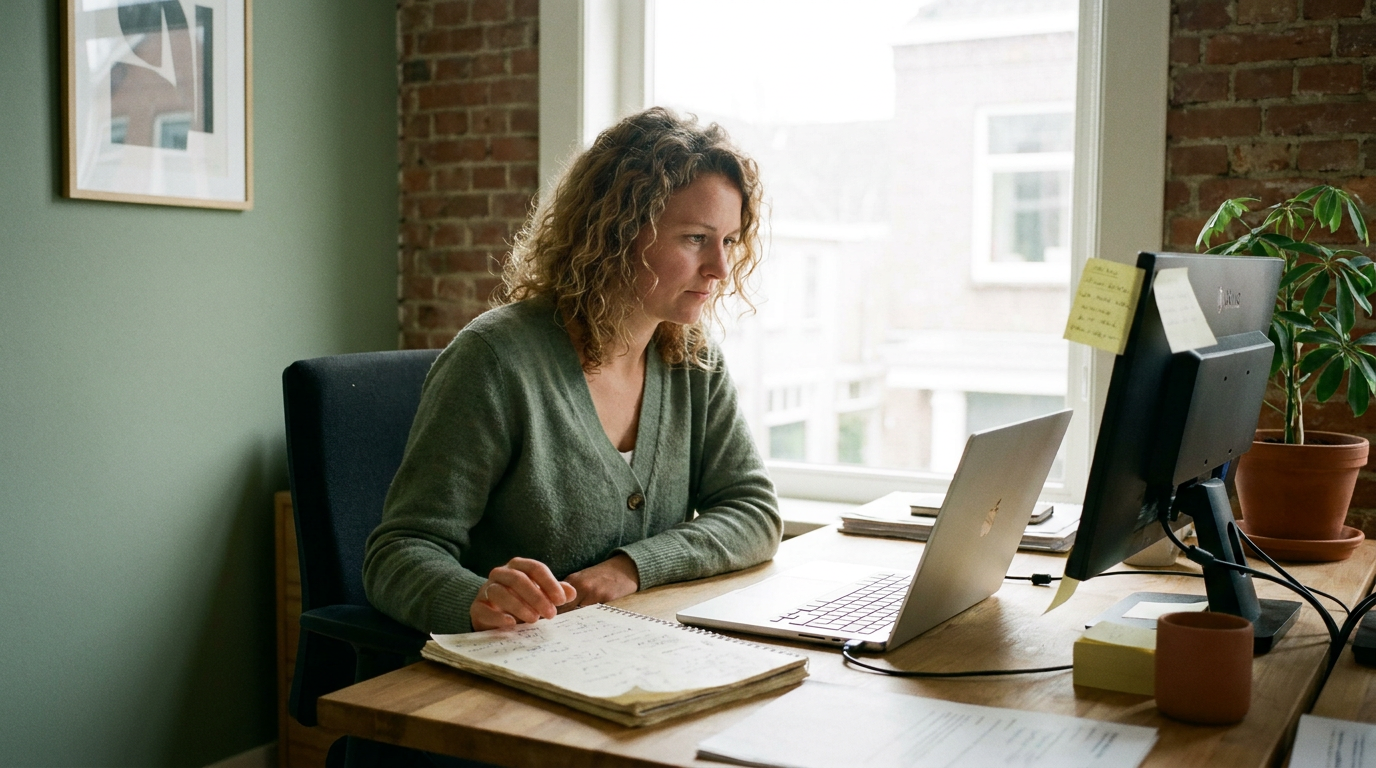 Wachtwoorden in Excel: ondernemer werkt achter haar laptop met een notitieblok en een geeltje op de monitor