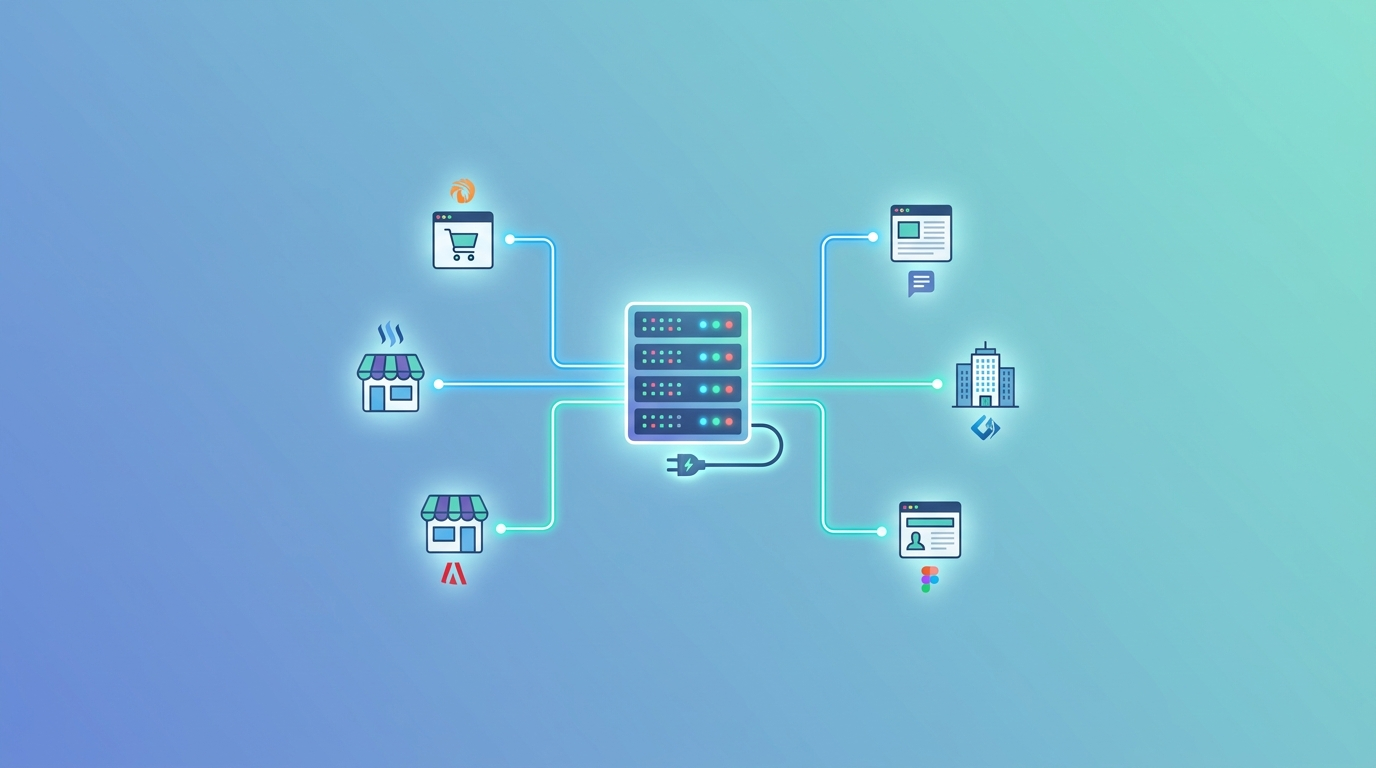 Conceptbeeld van een centrale server die meerdere klantwebsites voedt via reseller hosting