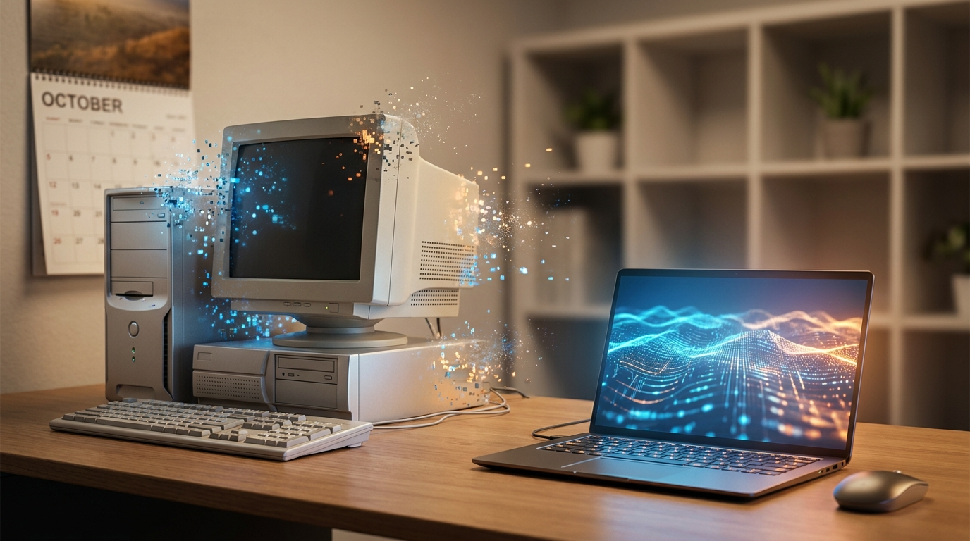 Verouderde desktopcomputer lost op in pixels naast een moderne laptop, symbool voor de overstap van Windows 10 naar Windows 11