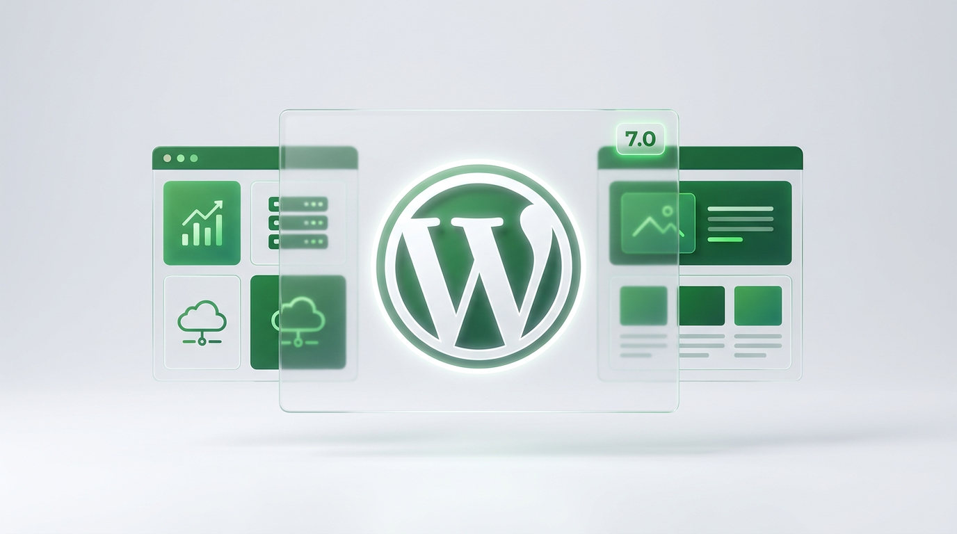 WordPress-logo met groene blokken die een website vormen, illustratie bij de WordPress 7.0 update voor MKB