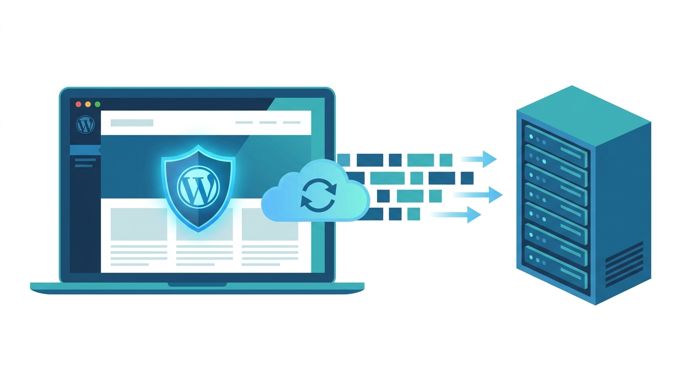 WordPress backup maken: laptop met website, beveiligingsschild en cloud-backup naar offsite server