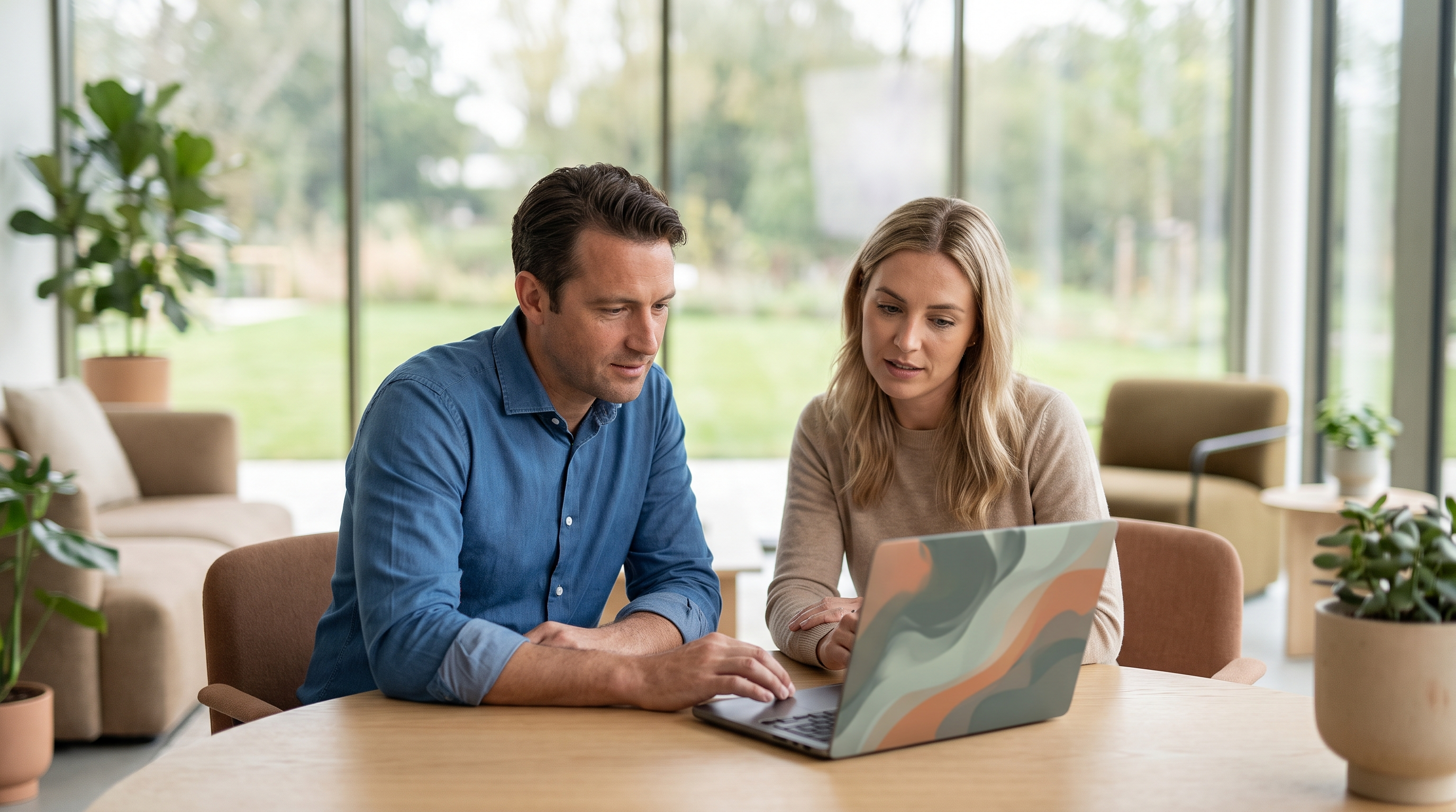 Ondernemer en WordPress-beheerder bekijken samen op een laptop het onderhoud van een website