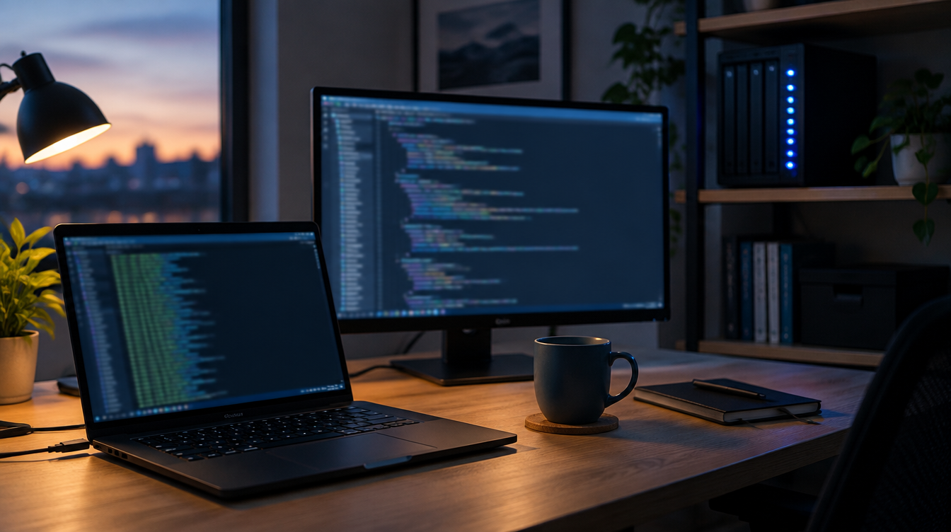 Werkplek met laptop, monitor en een kleine server met blauwe statuslampjes, waar WordPress in Docker op een VPS wordt beheerd
