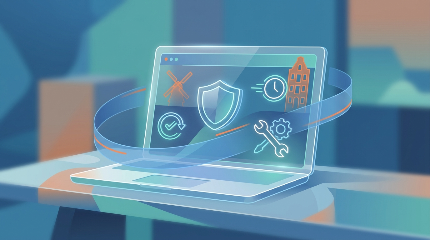 WordPress onderhoud Nederland: laptop met gezond website-dashboard, schild en gereedschap