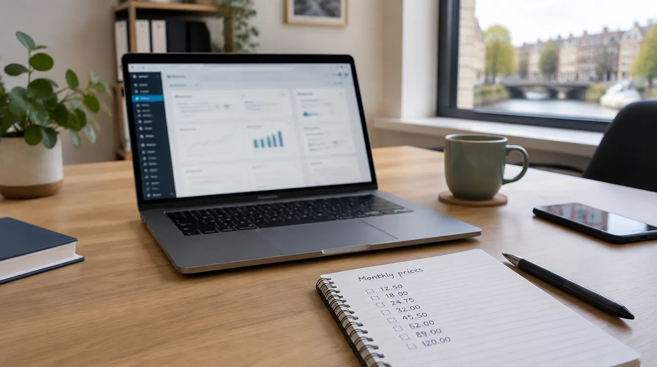 Laptop met WordPress-beheer en een notitie met maandelijkse onderhoudsprijzen op een bureau