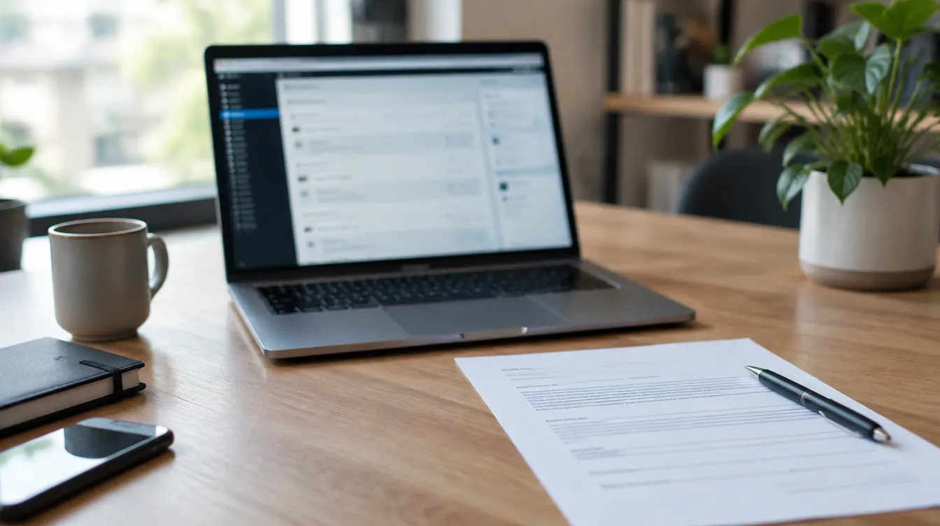 Kort onderhoudscontract naast een laptop met WordPress-beheer op een bureau